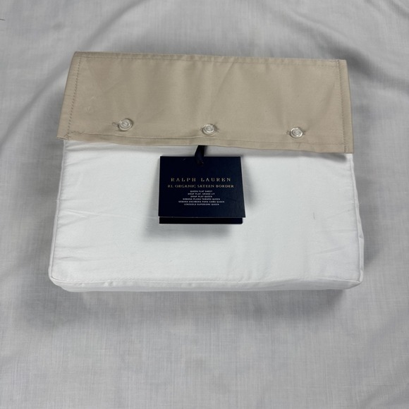 Ralph Lauren RL Organic Sateen Border Flat Sheet White / Coastal Sand QUEEN - Picture 1 of 9